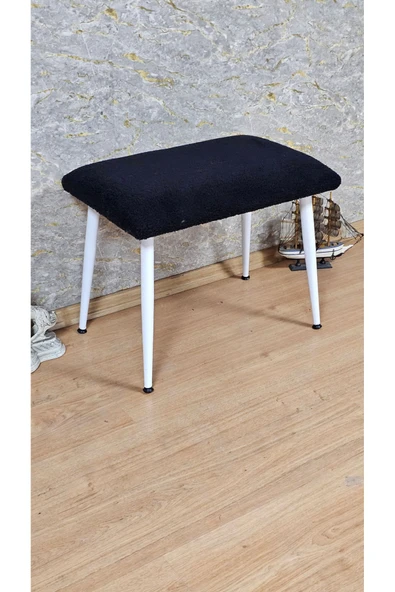 Beyaz Boyalı Sivriltme Ayaklı 60cm x 40cm Tedy Kumaşlı Siyah Döşeme Oturak, Bench, Oturak, Puf - 4