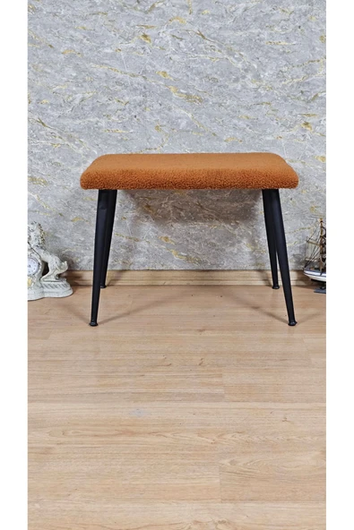 Siyah Boyalı Tel Ayaklı 60cm x 40cm Tedy Kumaşlı Turuncu Döşeme Oturak, Bench, Oturak, Puf