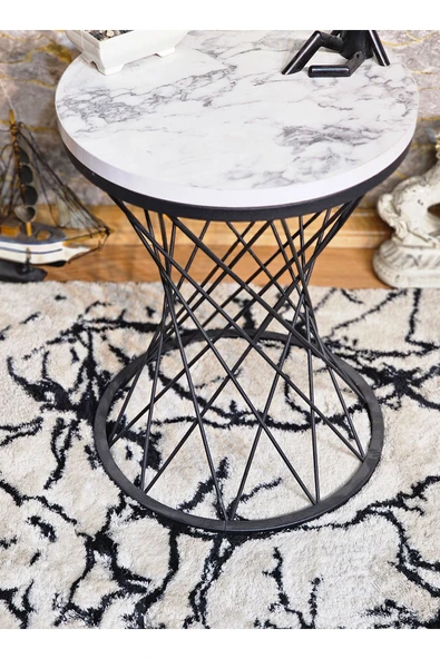 Siyah Boyalı Pota 34 cm Suntalem Tablalı  Sehpa -  Beyaz Mermer Suntalem Sehpa - Ahşap Sehpa - Zigon Sehpa - 2