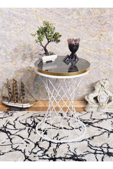 Beyaz Boyalı Pota 34 cm Suntalem Tablalı  Sehpa - Siyah Mermer Gold Cumbalı Suntalem Sehpa - Ahşap Sehpa - Zigon Sehpa - Resim 4