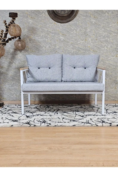 İkili Beyaz Boyalı Bahçe Gri Döşeme - Balkon - Mutfak Çay Seti Takımı Bahçe Koltuk Takımı