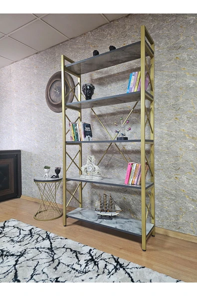 Gold Boyalı Kitaplık Marmol Suntalem 5 Raflı Kitaplık - 5 Raflı Lüks Kitaplık - Raf - Kitaplık – Çiçeklik