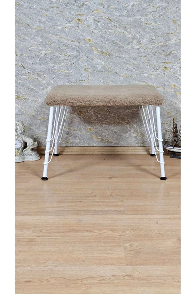 Beyaz Boyalı  Tel Ayaklı 60cm x 40cm Tedy Kumaşlı  Kapiçino Döşeme Oturak, Bench, Oturak, Puf