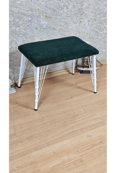 Beyaz Boyalı  Tel Ayaklı 60cm x 40cm Tedy Kumaşlı  Yeşil Döşeme Oturak, Bench, Oturak, Puf - 3