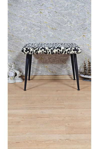 Siyah Boyalı Sivriltme Ayaklı 60cm x 40cm Tedy Kumaşlı Leopar Döşeme Oturak, Bench, Oturak, Puf