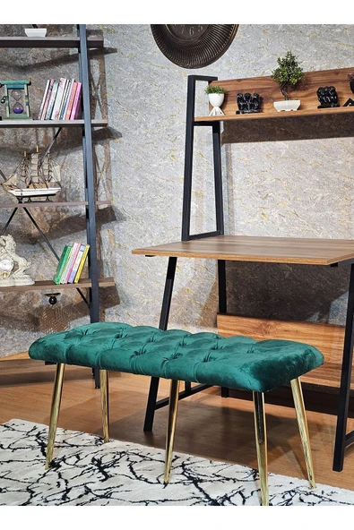 100'lük Benc – Gold Kaplama Sivriltme Ayaklı Yeşil Döşemeli Oturak, Bench, Oturak, Makyaj Pufu - 3