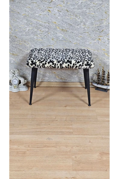 Siyah Boyalı Sivriltme Ayaklı 60cm x 40cm Tedy Kumaşlı Leopar Döşeme Oturak, Bench, Oturak, Puf - 2