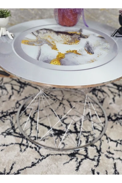 Krom Kaplama Cam Pota Orta Sehpa Gri Mermer Desenli Temperli Baskılı Cam - Sehpa - Orta Sehpa - Yan Sehpa - 2