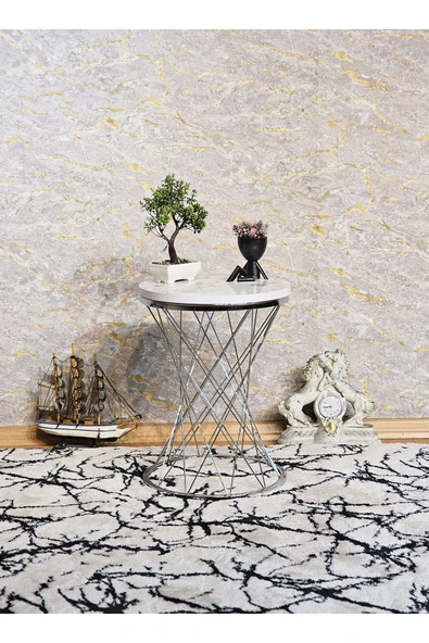 Krom Kaplama Pota 34 cm Suntalem Tablalı Sehpa - Beyaz Mermer Suntalem Sehpa - Ahşap Sehpa - Zigon Sehpa - 6