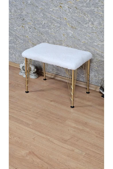 Gold Tel Ayaklı 60cm x 40cm Tedy Kumaşlı  Krem  Döşeme Oturak, Bench, Oturak, Puf - 4