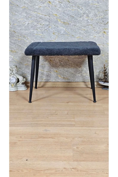 Siyah Boyalı Sivriltme Ayaklı 60cm x 40cm Tedy Kumaşlı Füme Döşeme Oturak, Bench, Oturak, Puf