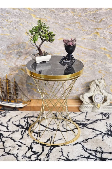 Gold Kaplama Pota 34 cm Suntalem Tablalı Sehpa - Siyah Mermer Gold Cumbalı Suntalem Sehpa - Ahşap Sehpa - Zigon Sehpa - 4