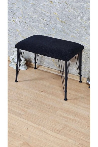 Siyah Boyalı Tel Ayaklı 60cm x 40cm Tedy Kumaşlı Siyah Döşeme Oturak, Bench, Oturak, Puf - 4