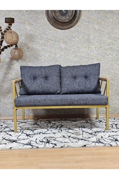 İkili Gold Boyalı Bahçe Füme Döşeme - Balkon - Mutfak Çay Seti Takımı Bahçe Koltuk Takımı