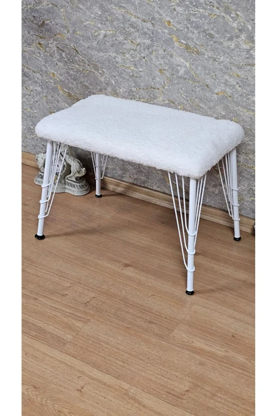 Beyaz Boyalı Tel Ayaklı 60cm x 40cm Tedy Kumaşlı  Krem Döşeme Oturak, Bench, Oturak, Puf - 4
