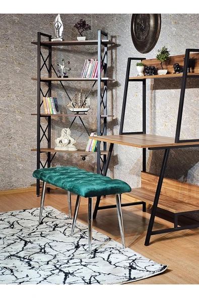 100'lük Benc – Krom Kaplama Sivriltme Ayaklı Yeşil Döşemeli Oturak, Bench, Oturak, Makyaj Pufu - 6