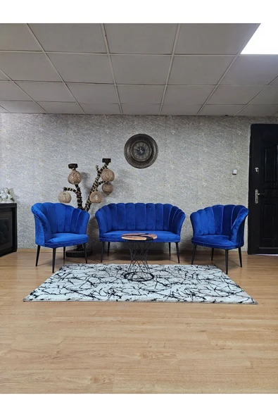 Siyah Boyalı Sivriltme Ayak Mavi Döşeme Papatya Çay Seti Koltuk Takımı , Balkon, Salon, Ofis, Cafe Koltuk Takımı