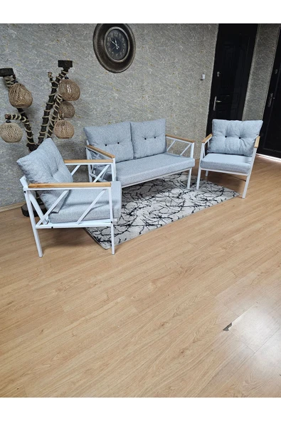 Beyaz Boyalı Bahçe Gri Döşeme - Balkon - Mutfak Çay Seti Takımı Bahçe Koltuk Takımı - 4