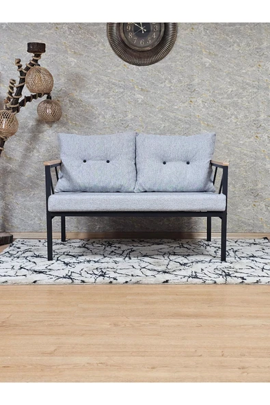 İkili Siyah Boyalı Bahçe Gri Döşeme - Balkon - Mutfak Çay Seti Takımı Bahçe Koltuk Takımı