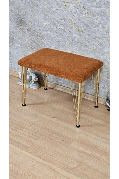 Gold Tel Ayaklı 60cm x 40cm Tedy Kumaşlı  Turuncu  Döşeme Oturak, Bench, Oturak, Puf - 4
