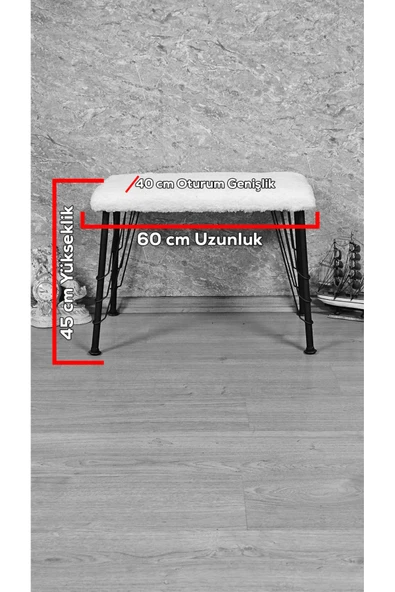 Siyah Boyalı Tel Ayaklı 60cm x 40cm Tedy Kumaşlı Krem Döşeme Oturak, Bench, Oturak, Puf - 5