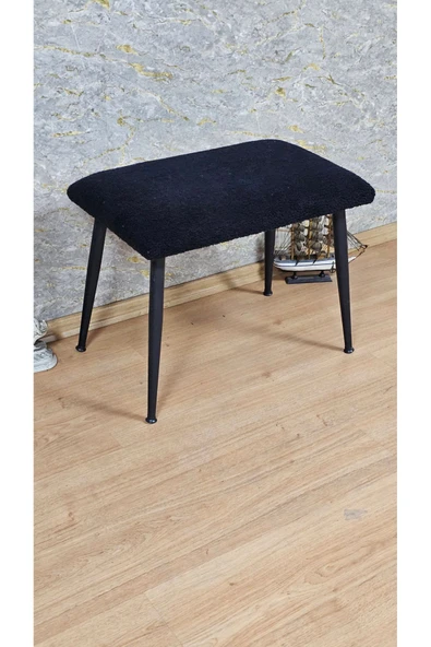 Siyah Boyalı Sivriltme Ayaklı 60cm x 40cm Tedy Kumaşlı Siyah Döşeme Oturak, Bench, Oturak, Puf - 3