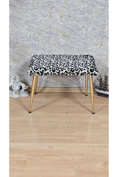 Gold Kaplama Sivriltme Ayaklı 60cm x 40cm Tedy Kumaşlı Leopar Döşeme Oturak, Bench, Oturak, Puf - 2