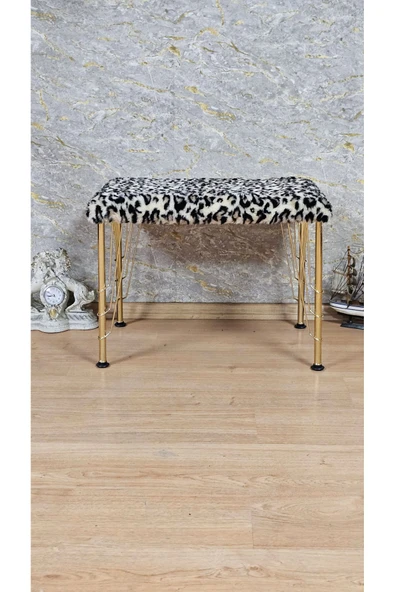 Gold Tel Ayaklı 60cm x 40cm Tedy Kumaşlı  Leopar  Döşeme Oturak, Bench, Oturak, Puf