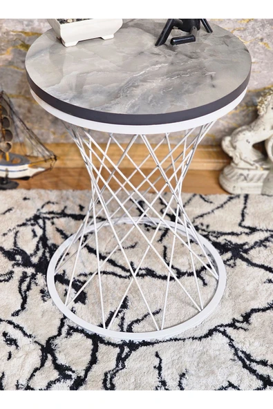 Beyaz Boyalı Pota 34 cm Suntalem Tablalı Sehpa - Marmol Suntalem Sehpa - Ahşap Sehpa - Zigon Sehpa - 2