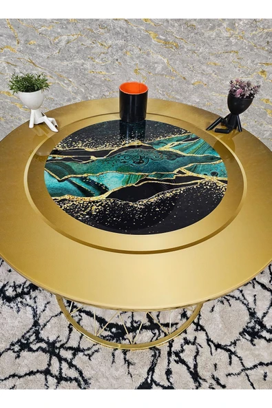 Gold Kaplama Cam Pota Orta Sehpa Yeşil Mermer Desenli Temperli Baskılı Cam - Sehpa - Orta Sehpa - Yan Sehpa - 2