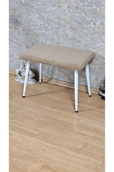 Beyaz Boyalı Sivriltme Ayaklı 60cm x 40cm Tedy Kumaşlı Kapiçino Döşeme Oturak, Bench, Oturak, Puf - 5