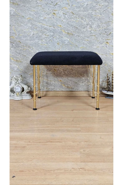 Gold Tel Ayaklı 60cm x 40cm Tedy Kumaşlı  Siyah  Döşeme Oturak, Bench, Oturak, Puf