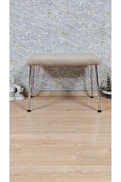 Krom Tel Ayaklı 60cm x 40cm Tedy Kumaşlı  Kapiçino Döşeme Oturak, Bench, Oturak, Puf