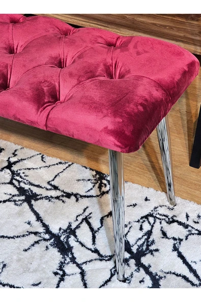 100'lük Benc – Krom Kaplama Sivriltme Ayaklı Bordo Döşemeli Oturak, Bench, Oturak, Makyaj Pufu - 2