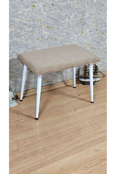 Beyaz Boyalı Sivriltme Ayaklı 60cm x 40cm Tedy Kumaşlı Kapiçino Döşeme Oturak, Bench, Oturak, Puf - 4