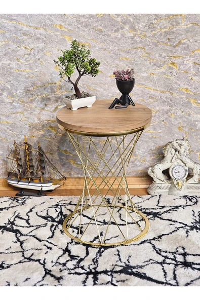 Gold Kaplama Pota 34 cm Suntalem Tablalı Sehpa - Atlas Çam Suntalem Sehpa - Ahşap Sehpa - Zigon Sehpa - 4