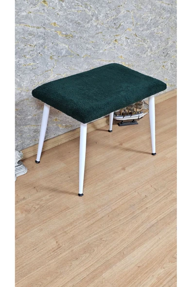 Beyaz Boyalı Sivriltme Ayaklı 60cm x 40cm Tedy Kumaşlı Yeşil Döşeme Oturak, Bench, Oturak, Puf - 4