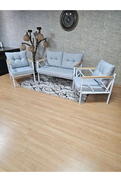 Beyaz Boyalı Bahçe Gri Döşeme - Balkon - Mutfak Çay Seti Takımı Bahçe Koltuk Takımı - 6