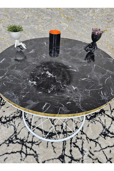 Beyaz Boyalı Suntalem Pota Orta Sehpa Siyah Mermer Gold Cumba Desenli Suntalem Sehpa - Sehpa - Orta Sehpa - Yan Sehpa - 2