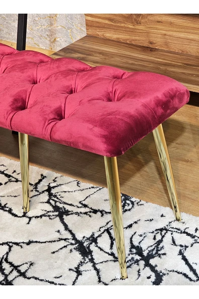 100'lük Benc – Gold  Kaplama Sivriltme Ayaklı Bordo Döşemeli Oturak, Bench, Oturak, Makyaj Pufu - 2