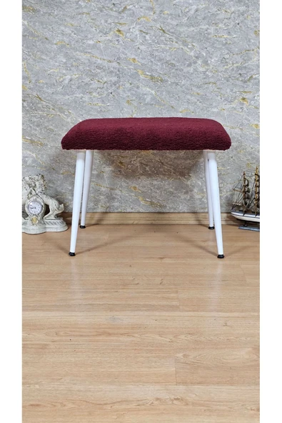 Beyaz Boyalı Sivriltme Ayaklı 60cm x 40cm Tedy Kumaşlı Bordo Döşeme Oturak, Bench, Oturak, Puf