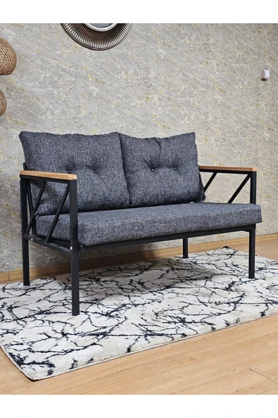 İkili Siyah Boyalı Bahçe Füme Döşeme - Balkon - Mutfak Çay Seti Takımı Bahçe Koltuk Takımı - 2