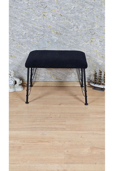 Siyah Boyalı Tel Ayaklı 60cm x 40cm Tedy Kumaşlı Siyah Döşeme Oturak, Bench, Oturak, Puf - 2