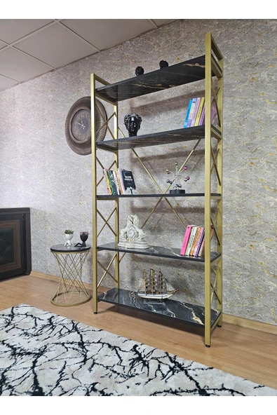 Gold Boyalı Kitaplık Luanda Suntalem 5 Raflı Kitaplık - 5 Raflı Lüks Kitaplık - Raf - Kitaplık – Çiçeklik