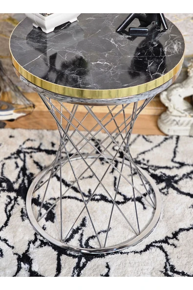 Krom Kaplama Pota 34 cm Suntalem Tablalı Sehpa - Siyah Mermer Gold Cumlalı Suntalem Sehpa - Ahşap Sehpa - Zigon Sehpa - 3