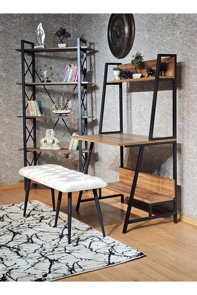 100'lük Benc - Siyah Boyalı Sivriltme Ayaklı Krem Döşemeli Oturak, Bench, Oturak, Makyaj Pufu - 6