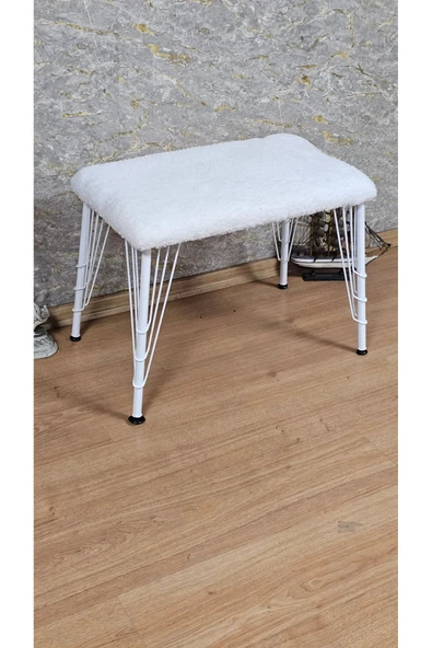 Beyaz Boyalı Tel Ayaklı 60cm x 40cm Tedy Kumaşlı  Krem Döşeme Oturak, Bench, Oturak, Puf - 3