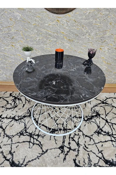 Beyaz Boyalı Suntalem Pota Orta Sehpa Siyah Mermer Suntalem Sehpa - Sehpa - Orta Sehpa - Yan Sehpa