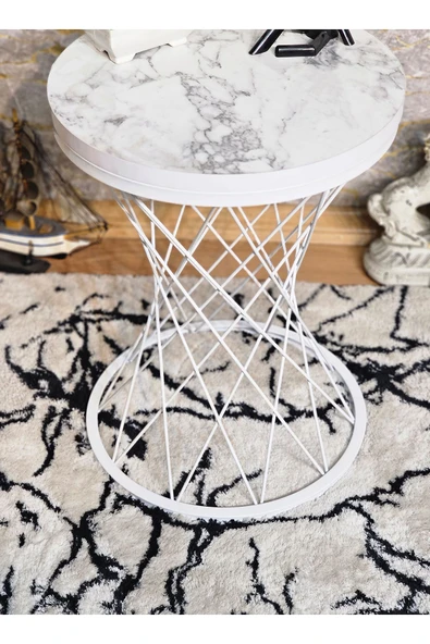 Beyaz Boyalı Pota 34 cm Suntalem Tablalı Sehpa - Beyaz Mermer Suntalem Sehpa - Ahşap Sehpa - Zigon Sehpa - 2