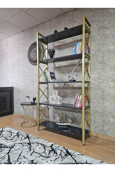 Gold Boyalı Kitaplık Siyah Mermer Suntalem 5 Raflı Kitaplık - 5 Raflı Lüks Kitaplık - Raf - Kitaplık – Çiçeklik